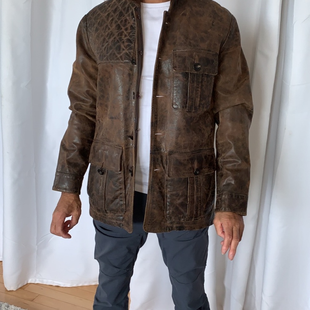 Orvis Brown Leather Pea Coat with Plaid Lining - Picture 5 of 8